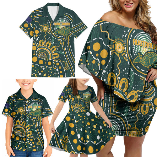 Australia Kangaroos Custom Indigenous Personalised Family Matching Off Shoulder Short Dress and Hawaiian Shirt Aboriginal Arts - Rising Sun