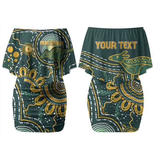 Australia Kangaroos Custom Indigenous Personalised Family Matching Off Shoulder Short Dress and Hawaiian Shirt Aboriginal Arts - Rising Sun