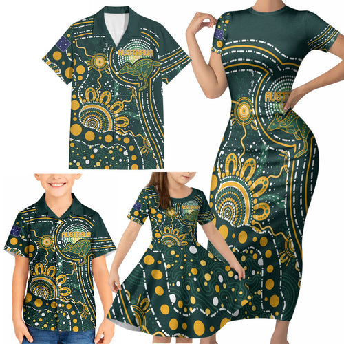 Australia Kangaroos Custom Indigenous Personalised Family Matching Short Sleeve Bodycon Dress and Hawaiian Shirt Aboriginal Arts - Rising Sun