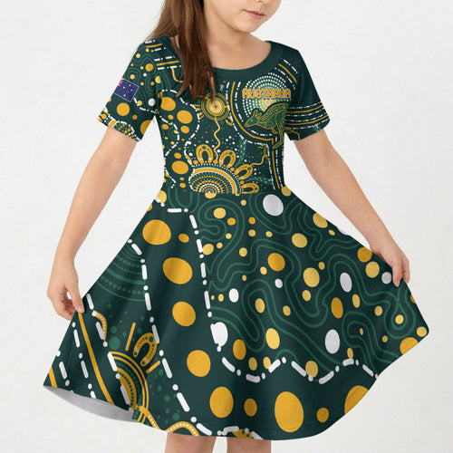 Australia Kangaroos Custom Indigenous Personalised Kid Short Sleeve Dress Aboriginal Arts - Rising Sun