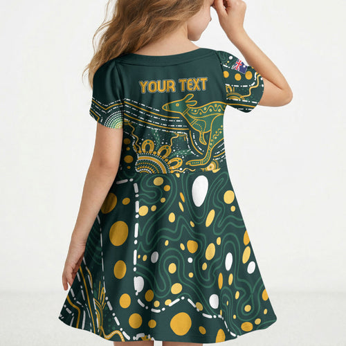 Australia Kangaroos Custom Indigenous Personalised Kid Short Sleeve Dress Aboriginal Arts - Rising Sun