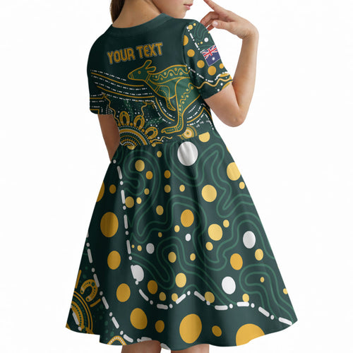 Australia Kangaroos Custom Indigenous Personalised Kid Short Sleeve Dress Aboriginal Arts - Rising Sun