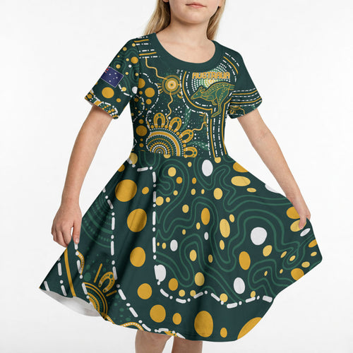 Australia Kangaroos Custom Indigenous Personalised Kid Short Sleeve Dress Aboriginal Arts - Rising Sun