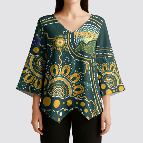 Australia Kangaroos Custom Indigenous Personalised Kimono Sleeve Blouse Aboriginal Arts - Rising Sun