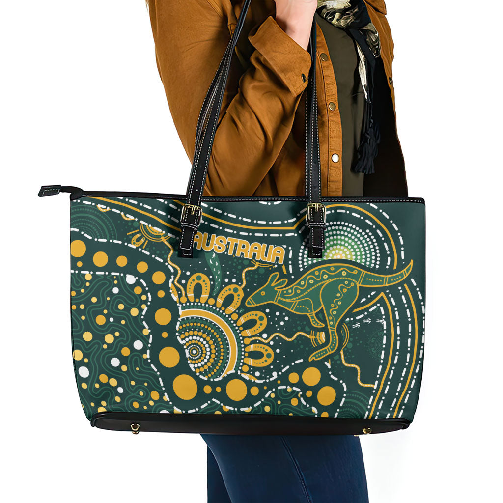 Australia Kangaroos Indigenous Leather Tote Bag Aboriginal Arts - Rising Sun