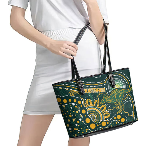 Australia Kangaroos Indigenous Leather Tote Bag Aboriginal Arts - Rising Sun