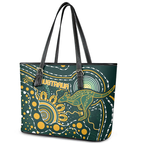 Australia Kangaroos Indigenous Leather Tote Bag Aboriginal Arts - Rising Sun
