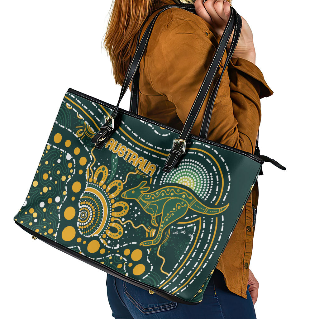 Australia Kangaroos Indigenous Leather Tote Bag Aboriginal Arts - Rising Sun