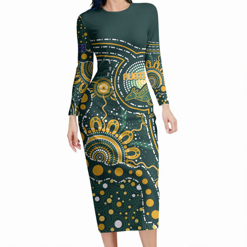 Australia Kangaroos Custom Indigenous Personalised Long Sleeve Bodycon Dress Aboriginal Arts - Rising Sun