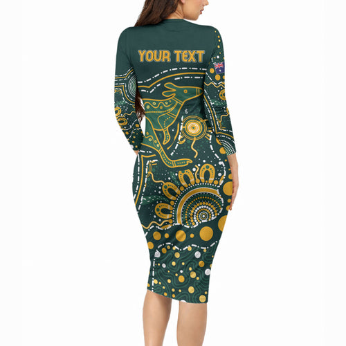Australia Kangaroos Custom Indigenous Personalised Long Sleeve Bodycon Dress Aboriginal Arts - Rising Sun
