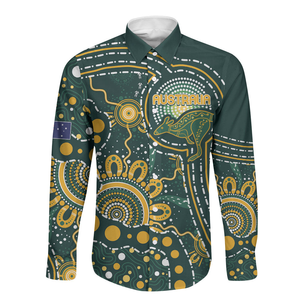 Australia Kangaroos Custom Indigenous Personalised Long Sleeve Button Shirt Aboriginal Arts - Rising Sun