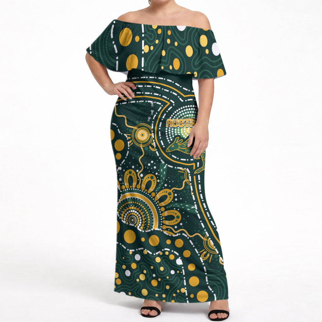 Australia Kangaroos Custom Indigenous Personalised Off Shoulder Maxi Dress Aboriginal Arts - Rising Sun