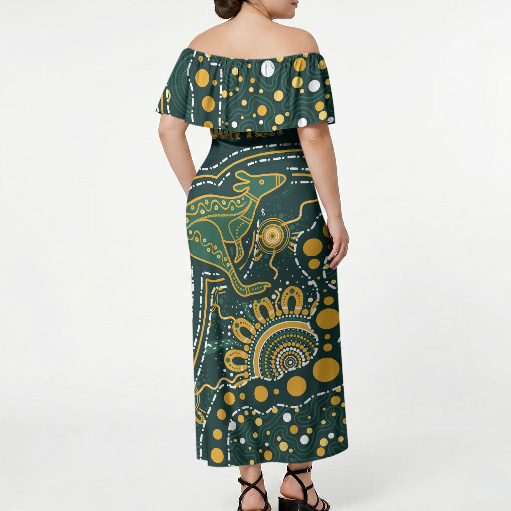 Australia Kangaroos Custom Indigenous Personalised Off Shoulder Maxi Dress Aboriginal Arts - Rising Sun