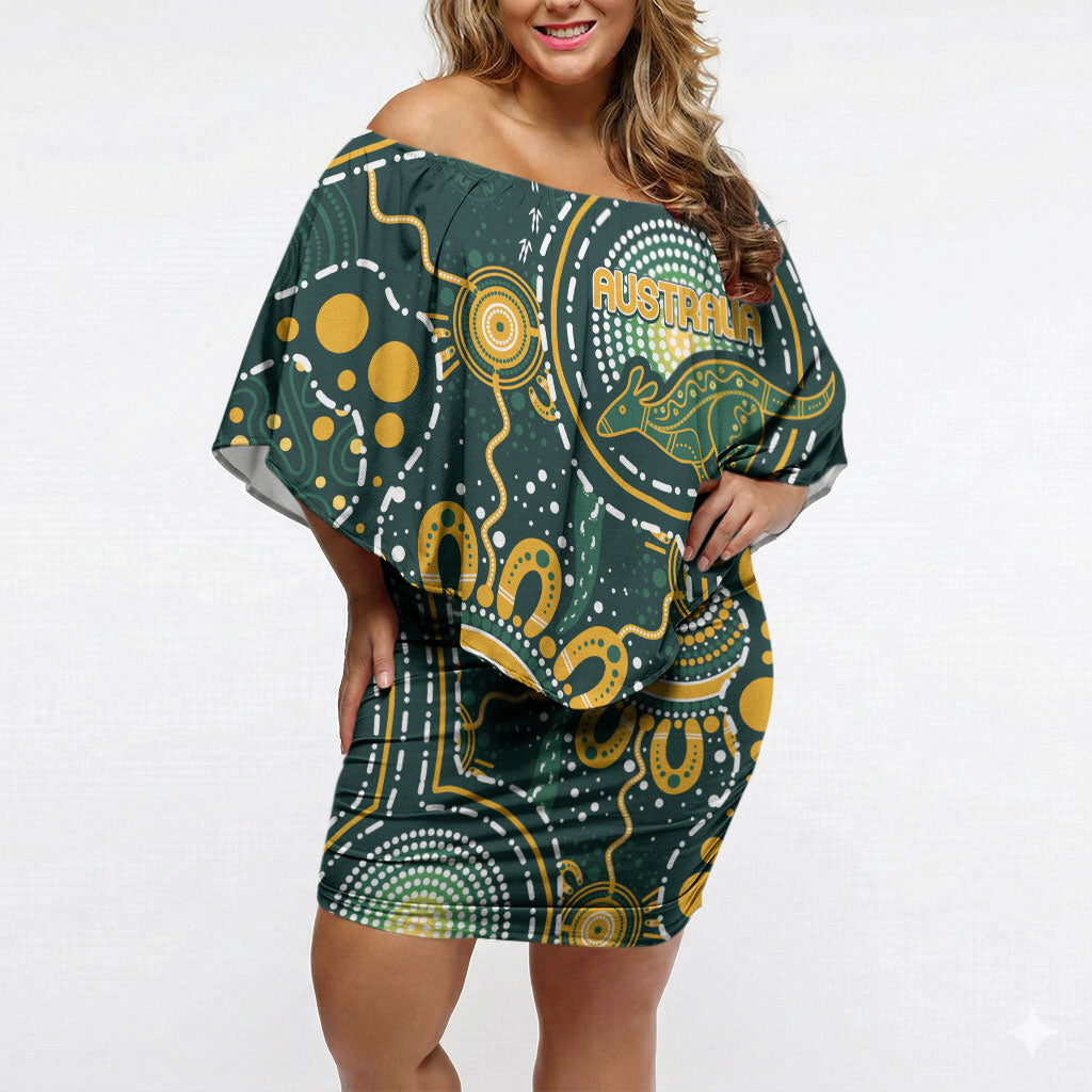 Australia Kangaroos Custom Indigenous Personalised Off Shoulder Short Dress Aboriginal Arts - Rising Sun