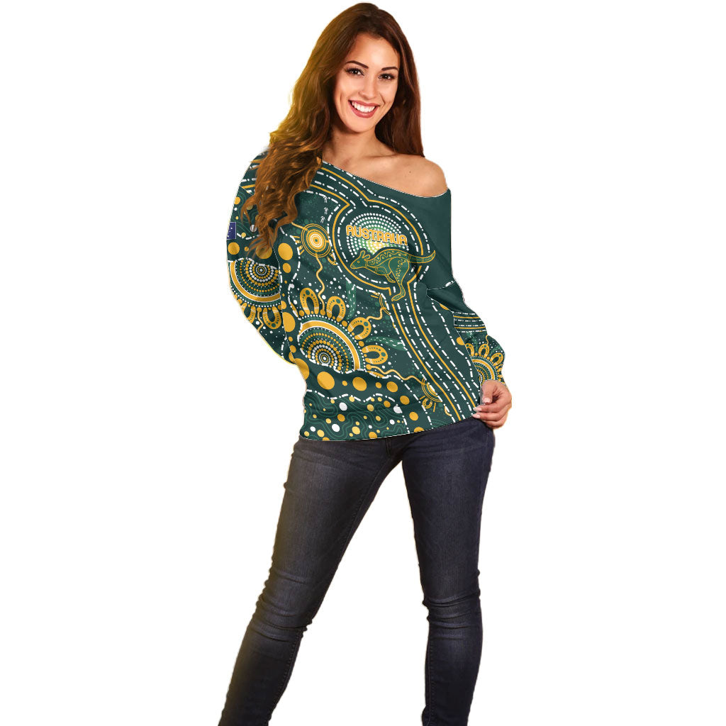 Australia Kangaroos Custom Indigenous Personalised Off Shoulder Sweater Aboriginal Arts - Rising Sun
