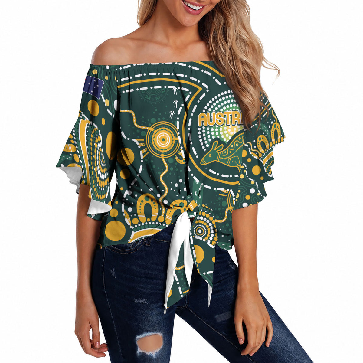 Australia Kangaroos Custom Indigenous Personalised Off Shoulder Wrap Waist Top Aboriginal Arts - Rising Sun