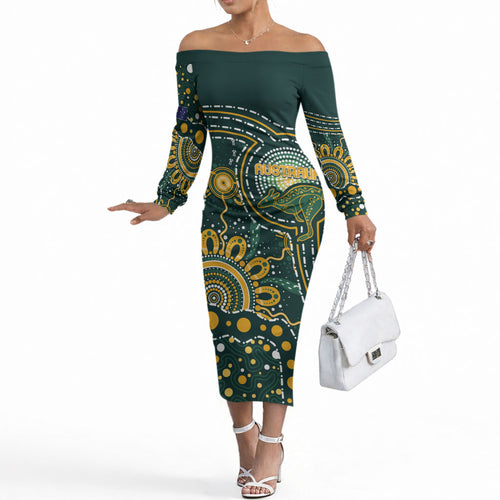 Australia Kangaroos Custom Indigenous Personalised Off The Shoulder Long Sleeve Dress Aboriginal Arts - Rising Sun