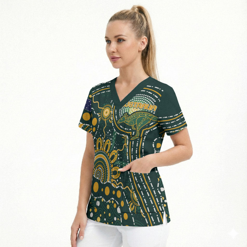 Australia Kangaroos Custom Indigenous Personalised Scrub Top Aboriginal Arts - Rising Sun