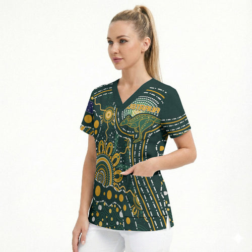 Australia Kangaroos Custom Indigenous Personalised Scrub Top Aboriginal Arts - Rising Sun