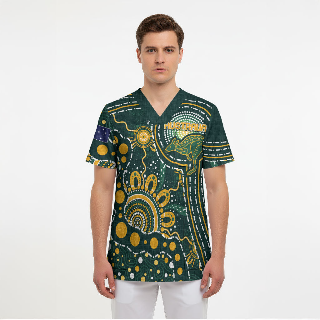 Australia Kangaroos Custom Indigenous Personalised Scrub Top Aboriginal Arts - Rising Sun