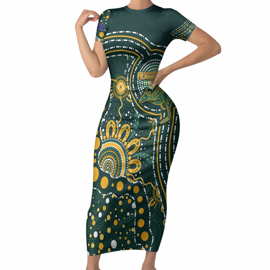 Australia Kangaroos Custom Indigenous Personalised Short Sleeve Bodycon Dress Aboriginal Arts - Rising Sun