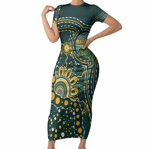 Australia Kangaroos Custom Indigenous Personalised Short Sleeve Bodycon Dress Aboriginal Arts - Rising Sun