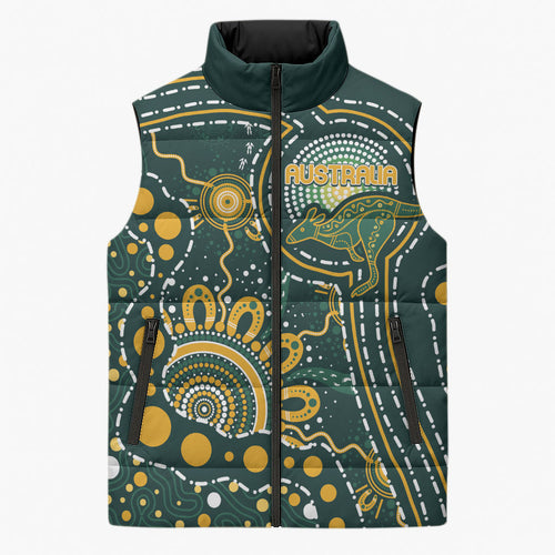 Australia Kangaroos Custom Indigenous Personalised Sleeveless Puffer Jacket Aboriginal Arts - Rising Sun