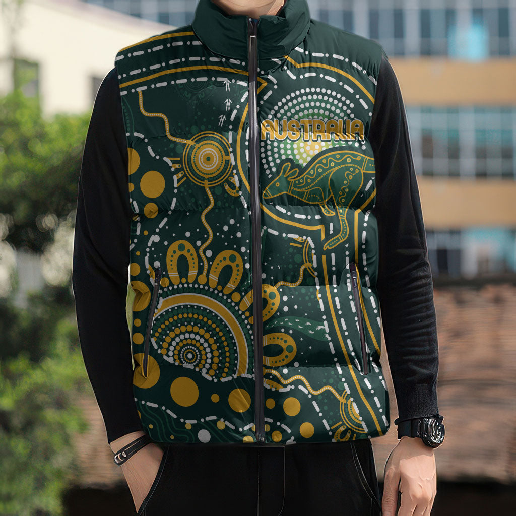 Australia Kangaroos Custom Indigenous Personalised Sleeveless Puffer Jacket Aboriginal Arts - Rising Sun