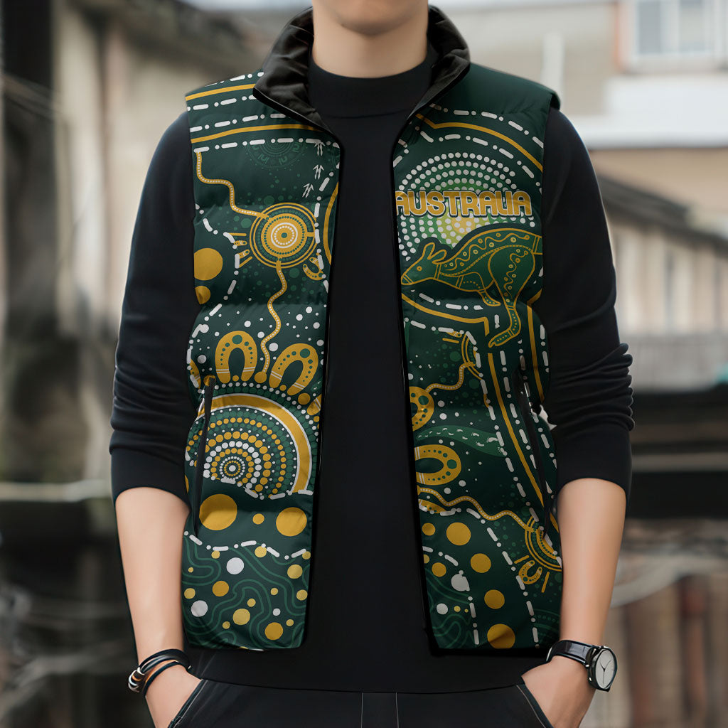 Australia Kangaroos Custom Indigenous Personalised Sleeveless Puffer Jacket Aboriginal Arts - Rising Sun