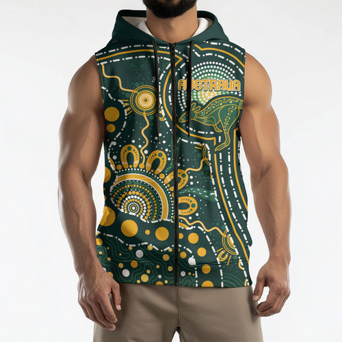 Australia Kangaroos Custom Indigenous Personalised Sleeveless Zip Hoodie Aboriginal Arts - Rising Sun