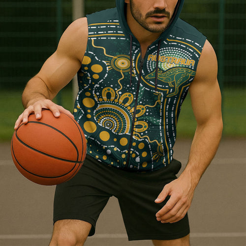 Australia Kangaroos Custom Indigenous Personalised Sleeveless Zip Hoodie Aboriginal Arts - Rising Sun