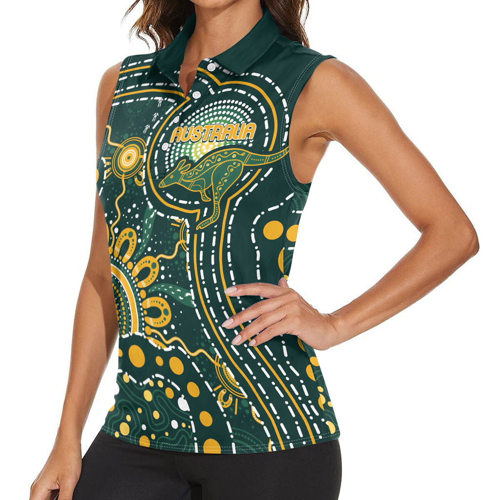 Australia Kangaroos Custom Indigenous Personalised Women Sleeveless Polo Shirt Aboriginal Arts - Rising Sun
