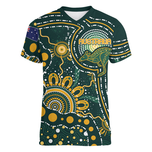 Australia Kangaroos Custom Indigenous Personalised Women V-Neck T-Shirt Aboriginal Arts - Rising Sun