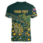 Australia Kangaroos Custom Indigenous Personalised Women V-Neck T-Shirt Aboriginal Arts - Rising Sun