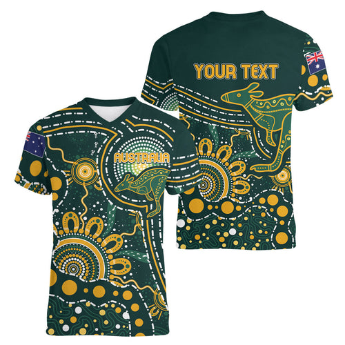 Australia Kangaroos Custom Indigenous Personalised Women V-Neck T-Shirt Aboriginal Arts - Rising Sun