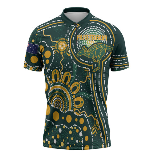 Australia Kangaroos Custom Indigenous Personalised Zipper Polo Shirt Aboriginal Arts - Rising Sun