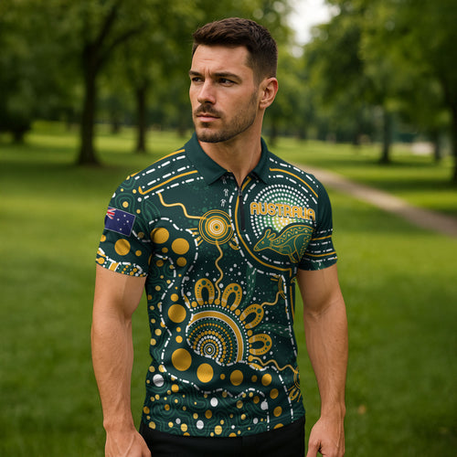 Australia Kangaroos Custom Indigenous Personalised Zipper Polo Shirt Aboriginal Arts - Rising Sun