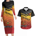 Papua New Guinea Custom Rugby The Kumuls Couples Matching Long Sleeve Bodycon Dress and Hawaiian Shirt Motuan Inspired Pattern