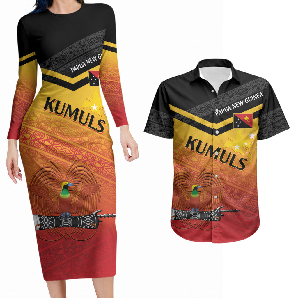 Papua New Guinea Custom Rugby The Kumuls Couples Matching Long Sleeve Bodycon Dress and Hawaiian Shirt Motuan Inspired Pattern