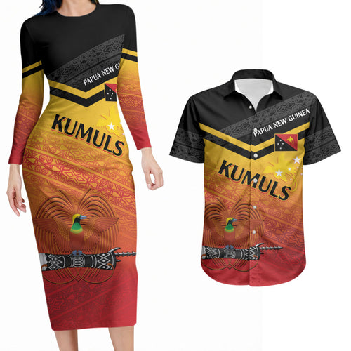 Papua New Guinea Custom Rugby The Kumuls Couples Matching Long Sleeve Bodycon Dress and Hawaiian Shirt Motuan Inspired Pattern