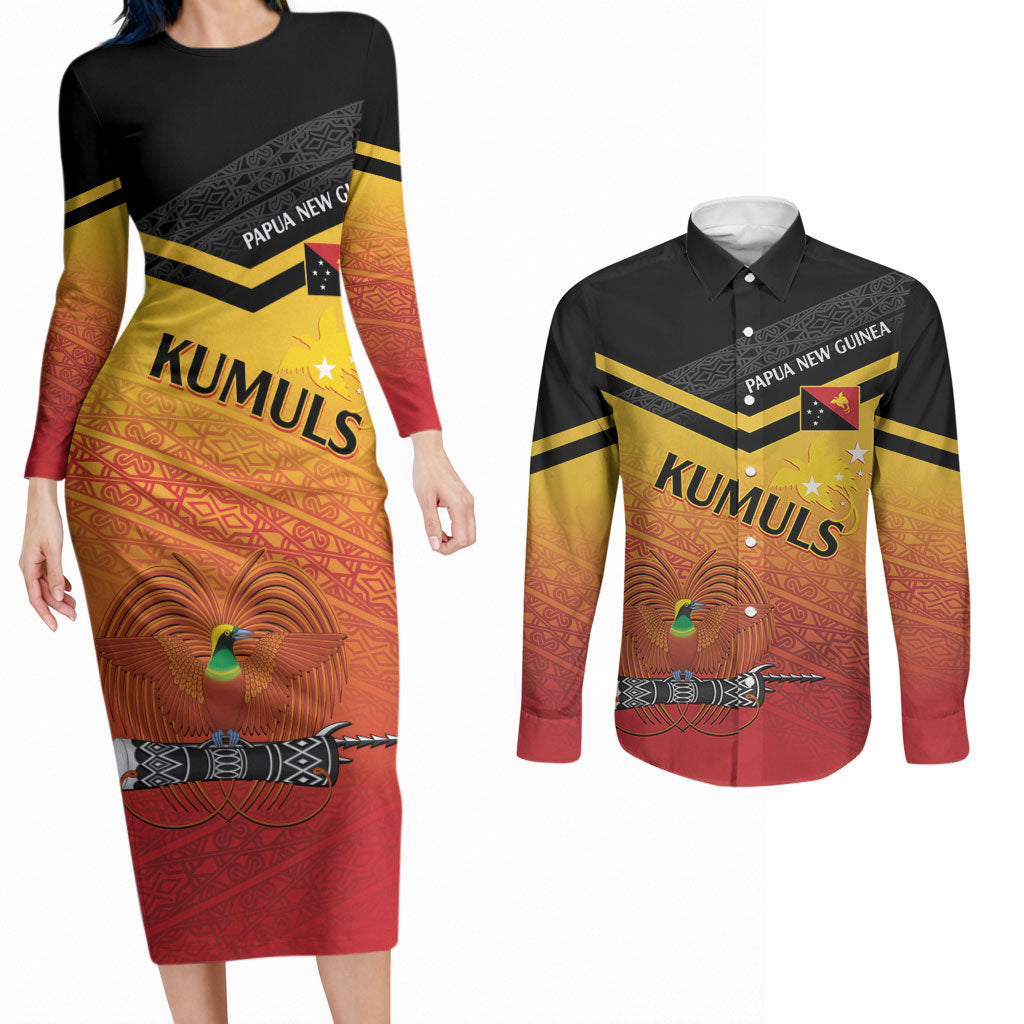 Papua New Guinea Custom Rugby The Kumuls Couples Matching Long Sleeve Bodycon Dress and Long Sleeve Button Shirt Motuan Inspired Pattern