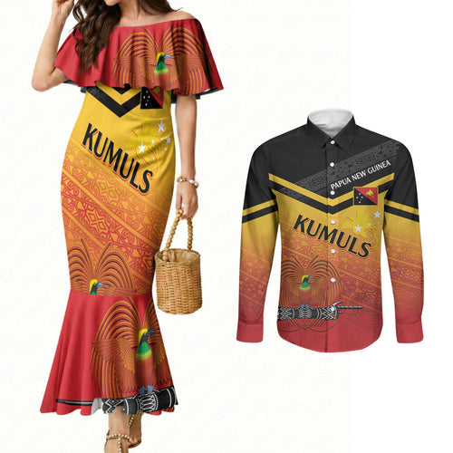 Papua New Guinea Custom Rugby The Kumuls Couples Matching Mermaid Dress and Long Sleeve Button Shirt Motuan Inspired Pattern