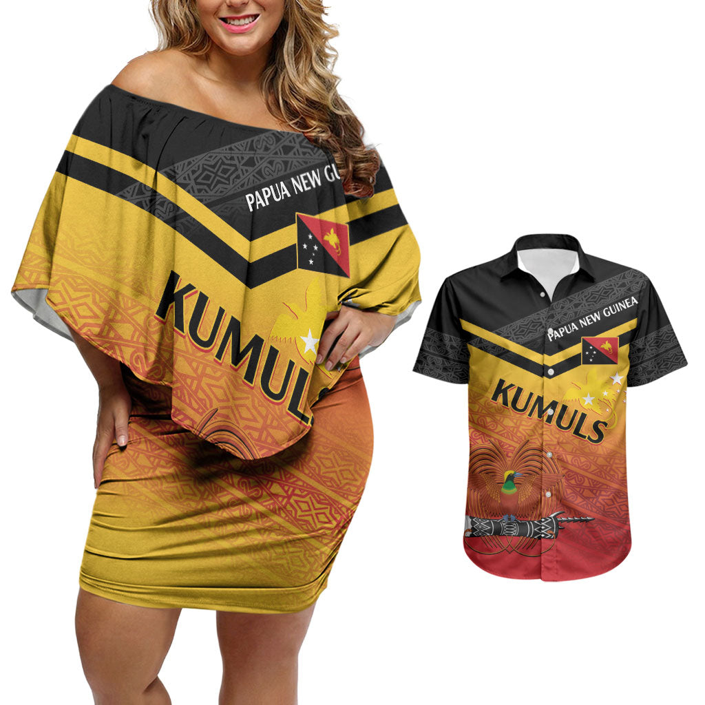 Papua New Guinea Custom Rugby The Kumuls Couples Matching Off Shoulder Short Dress and Hawaiian Shirt Motuan Inspired Pattern