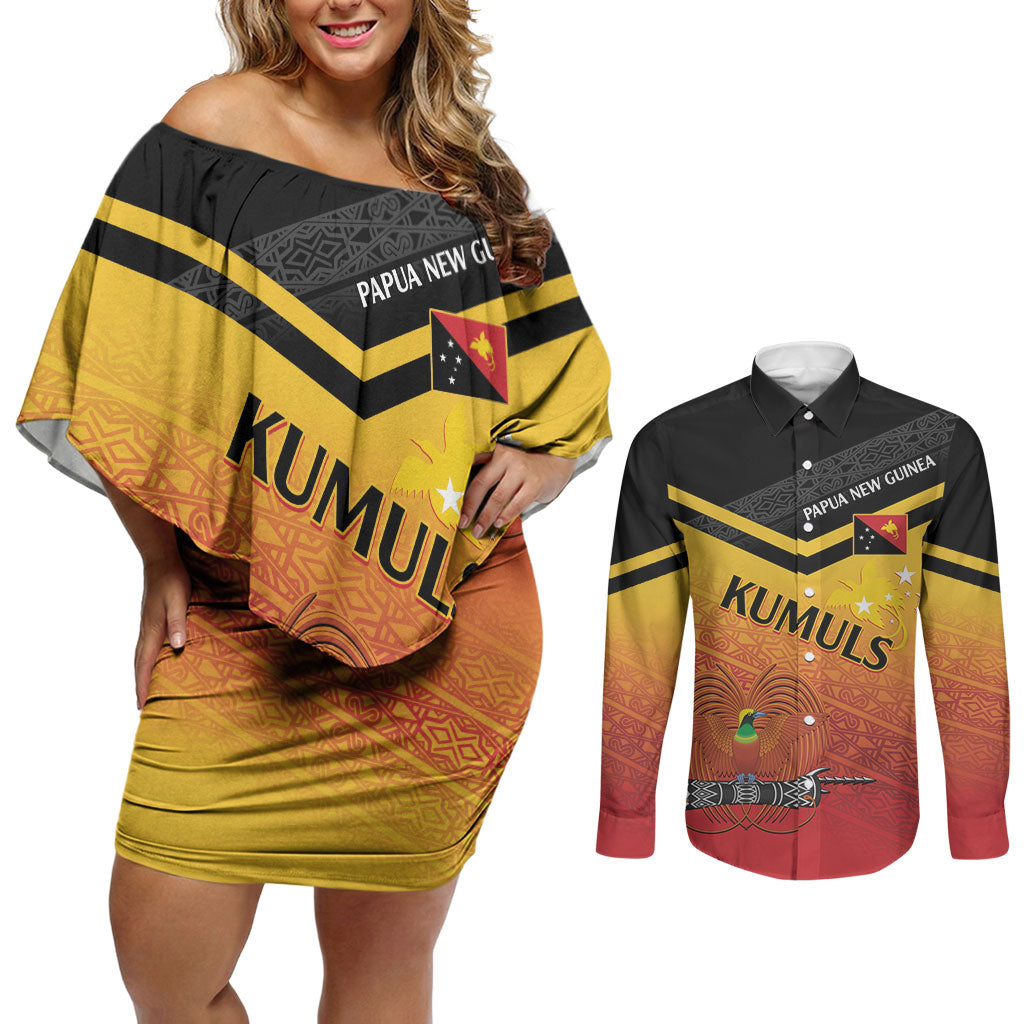 Papua New Guinea Custom Rugby The Kumuls Couples Matching Off Shoulder Short Dress and Long Sleeve Button Shirt Motuan Inspired Pattern