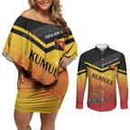 Papua New Guinea Custom Rugby The Kumuls Couples Matching Off Shoulder Short Dress and Long Sleeve Button Shirt Motuan Inspired Pattern
