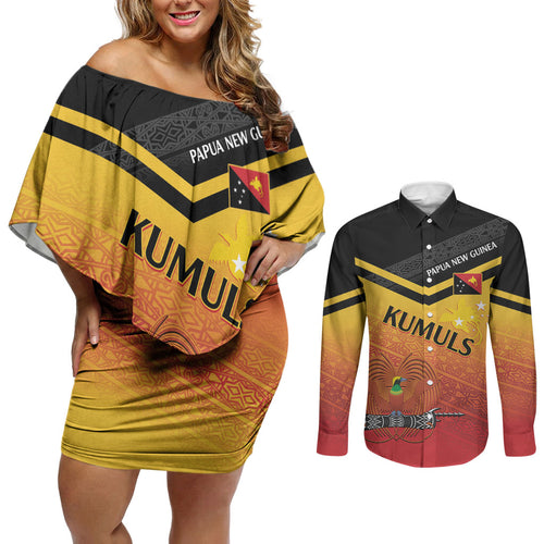 Papua New Guinea Custom Rugby The Kumuls Couples Matching Off Shoulder Short Dress and Long Sleeve Button Shirt Motuan Inspired Pattern