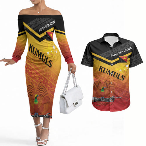 Papua New Guinea Custom Rugby The Kumuls Couples Matching Off The Shoulder Long Sleeve Dress and Hawaiian Shirt Motuan Inspired Pattern