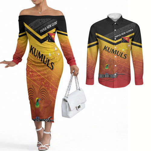 Papua New Guinea Custom Rugby The Kumuls Couples Matching Off The Shoulder Long Sleeve Dress and Long Sleeve Button Shirt Motuan Inspired Pattern