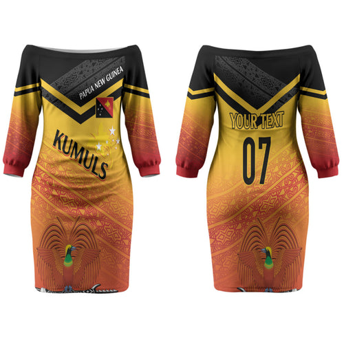 Papua New Guinea Custom Rugby The Kumuls Couples Matching Off The Shoulder Long Sleeve Dress and Long Sleeve Button Shirt Motuan Inspired Pattern