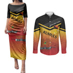 Papua New Guinea Custom Rugby The Kumuls Couples Matching Puletasi and Long Sleeve Button Shirt Motuan Inspired Pattern